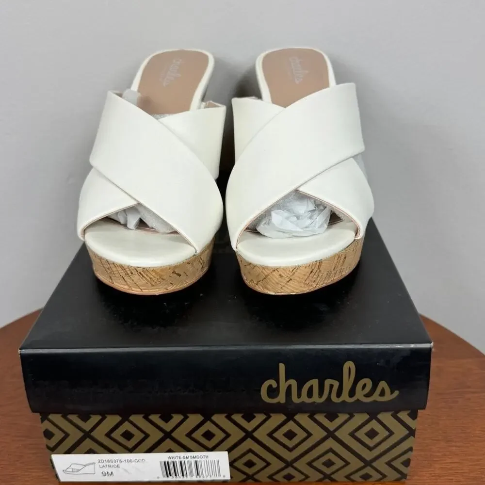 New Charles by Charles David Latrice Cork Wedge Sandal in White Women's Size 9